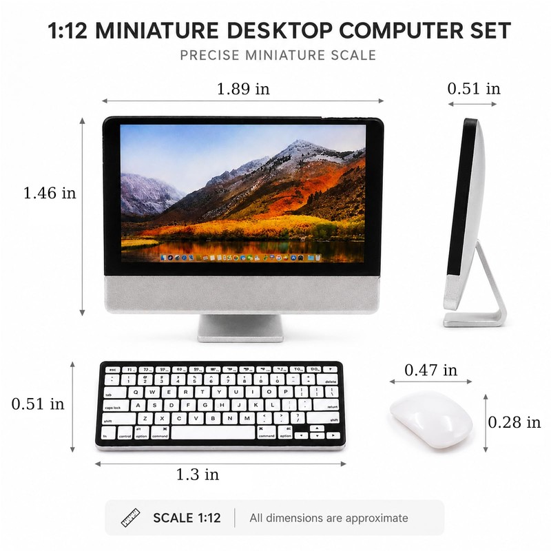 1:12 Scale Miniature Desktop Computer Set, Mini Monitor with Keyboard