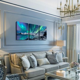 farmhouse Wall Art Aurora Scenery Painting on Canvas Wall decorations for living room Stretched and Framed Canvas Paintings 3 piece bedroom bathroom wall decor Ready to Hang for office Home Decor art