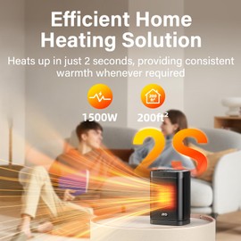 1500W PTC Space Heater Indoor with 80°Oscillation, Thermostat, 12h Timer, Fast Heat, Eco Mode, Remote, Small Quiet Safe Room Electric Heater, Portable Desk Heat for Office Bedroom Home