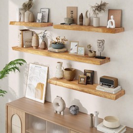 Acovy Floating Shelves, 8" Deep Rustic Solid Wood Wall Mounted Floating Shelves, Wall Shelves with Invisible Bracket for Living Room Bathroom Bedroom Kitchen, 32 Inch Set of 2, Natural