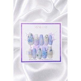 Blue Fairy Ribbon Handmade Nail Tips - Long Stiletto / 블루 페어리 리본 수제 네일팁 - 롱 스틸레토