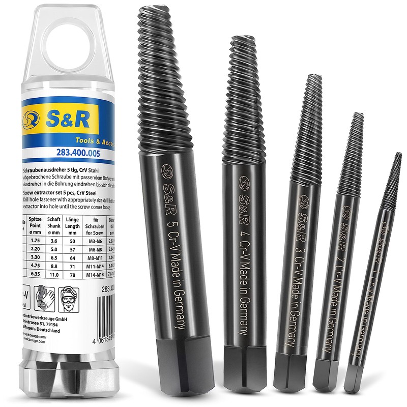 S&R Screw extractor set, 5 pieces, made in Germany, left-hand
