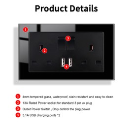 JIMEIDA 5 Pack Black Double Switched Power Socket with USB A Charging Ports Crystal Glass Panel Wall Outlet 13 Amp Electric Socket