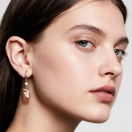 YAMI Pink Pearl Earrings with Cubic Zirconia Crystal, Sterling Silver Dangle Earrings, Freshwater Baroque Pearl Earrings Hypoallergenic Jewelry for Women, Wedding, Anniversary & Birthday Gift