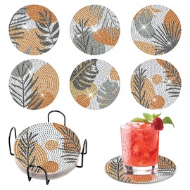 Trendecor Pack of 6 Diamond Painting Coasters, DIY Green Leaves Coasters, Diamond Painting with Holder, Decorative Acrylic Coasters with Diamond Painting Kit for Adults, Beginners, Children