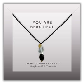 happymaker - Schwarzer Turmalin Kette mit Bergkristall, Stoffband mit 18k vergoldeten Perlen und echten Edelsteinen, Turmalin und Bergkristall Anhänger, lange Kette Damen, handgefertigt in Deutschland