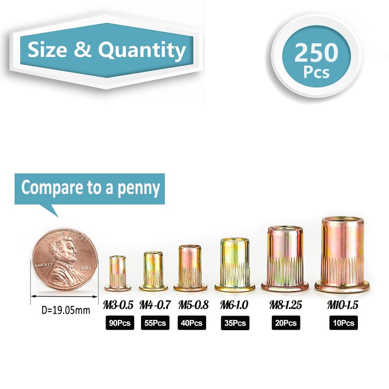 Kadrick Rivet Nut Kit, 250pcs Metric Rivet Nut Assortment Kit