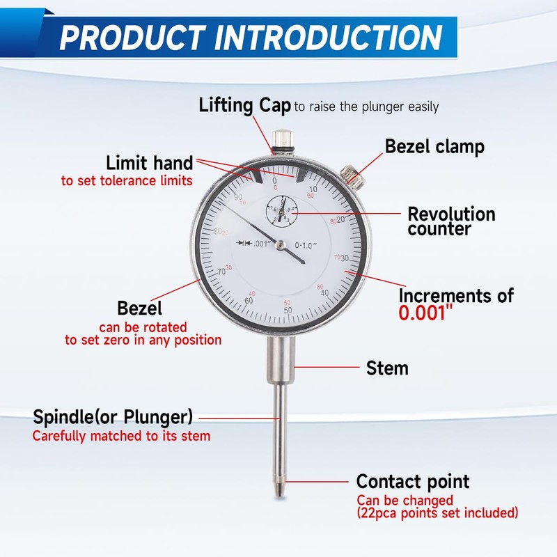 HOMKLV 0-1" Magnetic Base Dial Indicator Kit, 0.001" Resolution Precision