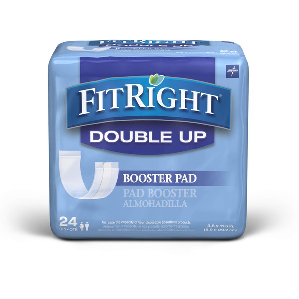 FitRight Double Up Incontinence Liners, Booster Pads with Adhesive, 3.5"x11.5", 24 per Bag