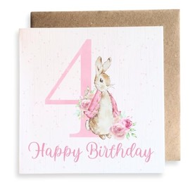 Second Ave Cute 4th Birthday Age 4 Pink Bunny Rabbit Square Card Birthday Greeting Card for Girl