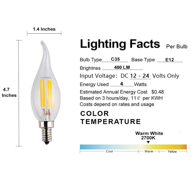 OPALRAY 12Volt DC Input LED Candelabra Bulb, 4W Dimmable with