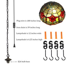 MQYXH Tiffany Lamp Red Tulip Stained Glass Plug in Pendant Light Vintage Swag Lamp 12X12X180 Inch Hanging Lamps for Dining Room Living Room Office Bedroom or Porch