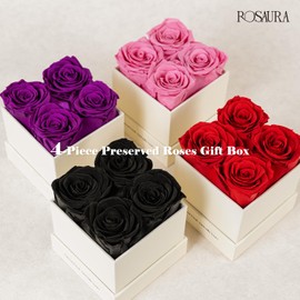 Rosaura 4-Piece Eternal Preserved Roses & Flowers Gift Box - Forever Lasting Real Roses, Preserved Flowers for Valentine's Day Red