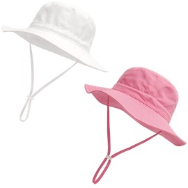 Baby Girl Sun Hat Summer Beach Hats with UPF 50+ Toddler Infant with Wide Brim Strap Outdoor Bucket Hat 2 Pack White/Pink 0-6 Months