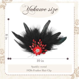 Yokawe 1920s Black Feather Fascinator with Red Crystal Flower, Prom Gatsby Headband,Flapper Hair Clips Hair Accessories for Women