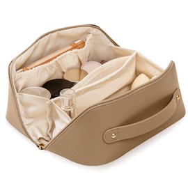 HBselect Travel Makeup Bag, Large Capacity Cosmetic Bags for Women,Waterproof Portable Pouch Open Flat Toiletry Bag Make up Organizer with Divider and Handle (Light Brown)