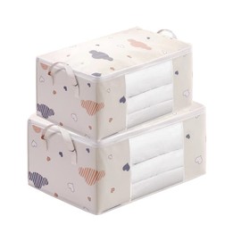 2 in 1 Large Clothes Storage Bag, 50L/75L Underbed Quilt Comforters Blanket Storage Bag with Zip, Waterproof Moisture Proof Thicken Ultra Size Bedding Organizer with Clear Window & Handle-White