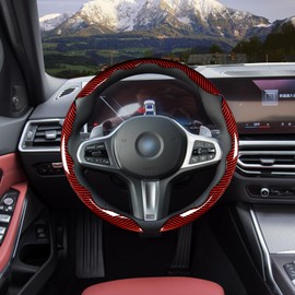 Car Steering Wheel Cover Set Bright Carbon Fiber Wrap Non-Slip 3pcs Steering Wheel Accessories 14.5-15 inch Universal (Red)