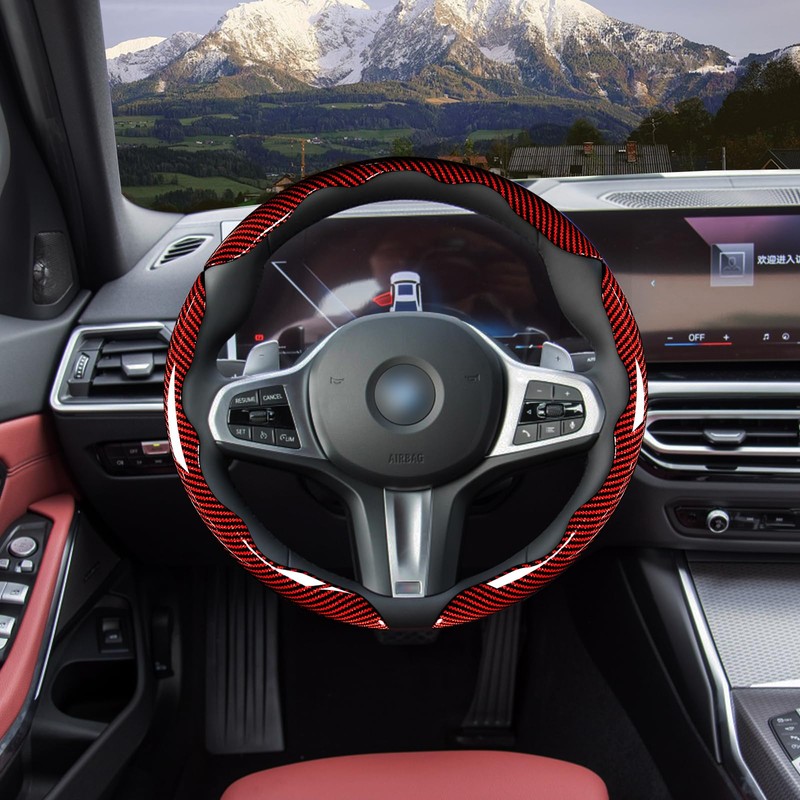 Car Steering Wheel Cover Set Bright Carbon Fiber Wrap Non-Slip