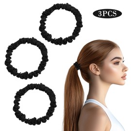 Mewflew Mulberry Silk Hair Scrunchie (3 Pieces), Soft Smooth Double-Sided Silk Scrunchie, Elastic Hair Band for Women, No Kinks, Gentle on Hair (Black)