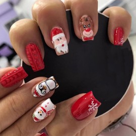 Christmas Press on Nails Medium Square French Tip Acrylic Nails Cute Santa Claus Elk False Nails with Design Snowflake Christmas Nails Full Cover Coffin Fake Nails Xmas Nail Art Decorations for Women