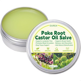 Poke Root Castor Oil Salve, Organic Lymphatic Support Massage Balm, Deep Tissue Ointment for Cyst, Boils, Breast, Fibroids, Swollen Lymph Nodes & Joint, Natural, Vegan - 1 Oz