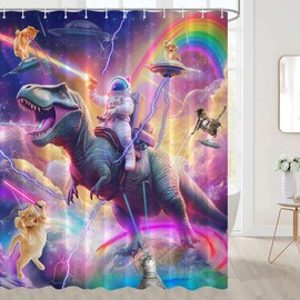 Dinosaur Shower Curtain, Cool Funny Astronaut Riding Dinosaur On Fantasy Galaxy Hilarious Shower Curtain, Funny Outer Space Universe Boys Kids Bathroom Accessories Set with Hooks(72X72inch, Purple2)