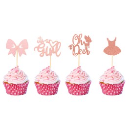 Arthsdite Pack of 48 Pre-assembled Pink Glitter It's a Girl Cupcake Toppers Oh Deer Bow Dress Fawn Cupcake Picks for Gender Reveal Baby Shower Party Favors