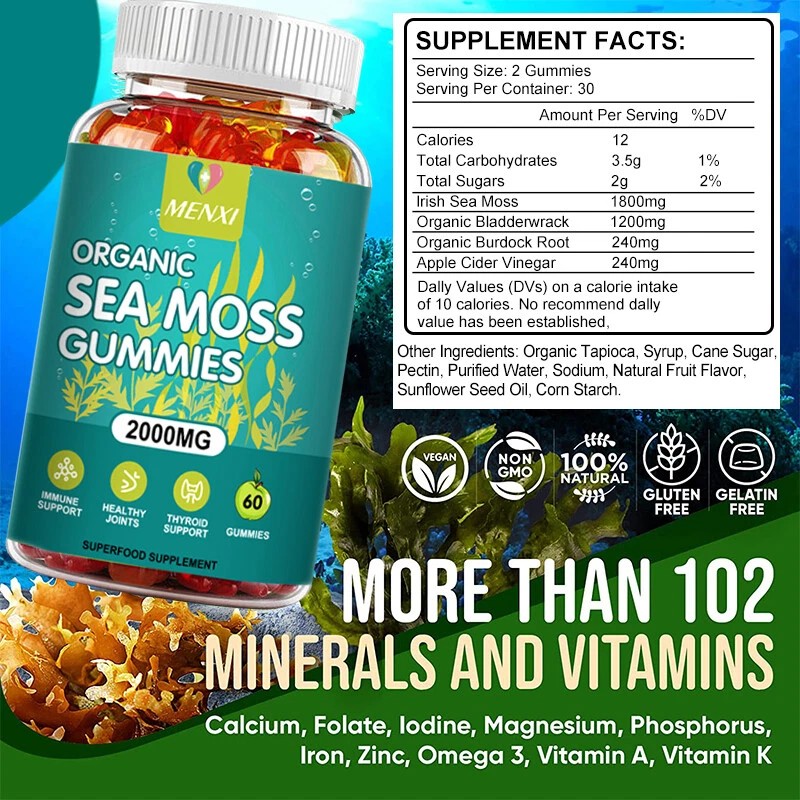 MENXI 2px Organic Sea Moss Gummies 2000mg - Irish sea