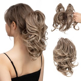 CJL HAIR Short Ponytail Hair Extensions DIY Bendable Metals Messy Bun Hairpiece for Wavy Curly Synthetic Hairpieces Brown to Ash Blonde