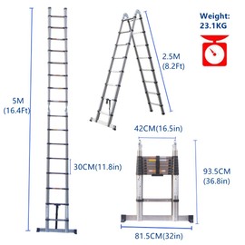 5M(2.5+2.5) M Telescoping Ladder Stainless Steel One-Button Retraction Extension System Folding Herringbone Ladder,for RV, Loft, Attic, Home for Indoor and Outdoor Use, 330lb Load Capacity
