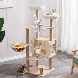 Modern Cat Tree for Large Cat, Wood Cat Tower Heavy Duty with Scratch Post for Indoor Big Cats, 53.9" Extra Tall Cat Condo Sturdy Frisco Castle with Clear Bowl Hammock for Kittens (Style 6)
