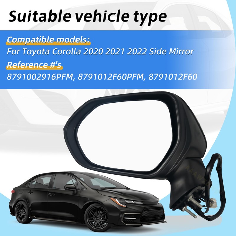 Black Left Driver Side Mirror Replacement For Toyota Corolla 2020