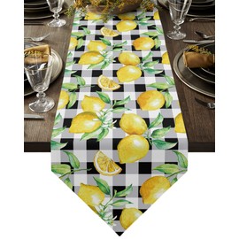 Linen Burlap Table Runner Spring Farmhouse Dresser Scarves, Yellow Lemon on Buffalo Plaid Table Runners for Family Dinner/Holiday Party/Events/Kitchen Dining Coffee Indoor Party, Black White 13x70In
