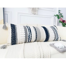 NUYECY Chenille and Cotton Long Pillow for Bed, Striped Textured Boho Lumbar Throw Pillow Cover 12x36, Neutral Accent Decorative Extra Long Body Pillow Case for Couch, Sofa, Bedroom, Black and White