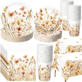 Layhit 202 Pcs Wildflower Party Decoration Supplies Floral Paper Plates Napkins Cups Butterfly Wildflower Tablecloth for Autumn Summer Birthday Wedding Fall Party(Fall Flower,Brown)