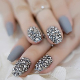 CoolNail Matte Gray Punk Style Press on Nail Fashion Gray Rhinestones Coffin False Nails Tips Artificial Frosted Fake Nail Art Pre-design