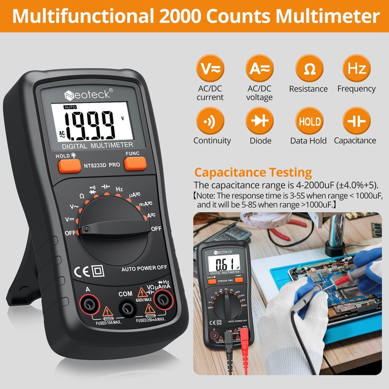 Neoteck Auto Ranging Digital Multimeter, AC/DC Amp Ohm Voltage Tester