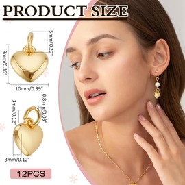 CRAFTYMELODY 12 pieces 18K gold-plated 3D heart charms "Sweet Love" with jump ring brass pendant 10 x 9 x 3 mm for bracelets, necklaces, earrings