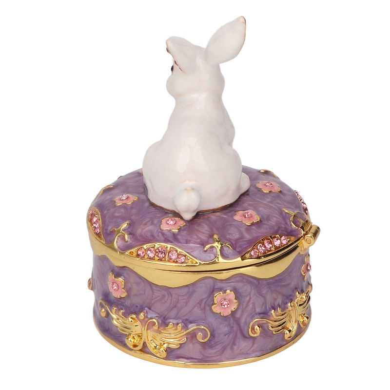 Rabbit Trinket Box Vintage Metal Enamel Antique Floral Engraving Pattern