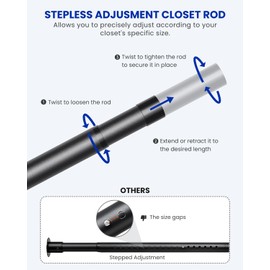 Supforce Closet Rods for Hanging Clothes, 17 to 69 Inches Stepless Adjustable Metal Closet Rod, 1.3 Inches Heavy Duty Clothes Hanging Rod for Closet Wardrobes Laundry RV, Black