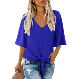 AWULIFFAN Women's Casual V Neck Batwing Sleeve Tops Tie Knot Chiffon Button Down Shirts (Royal Blue,Large)