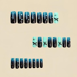 TBRZTR Dark Green Press on Nails Long Length Butterfly False Nails Artificial Coffin Nails Press Nails with Design Full Cover French Stick on Nails Glossy Acrylic Glue on Nails for Women 24Pcs