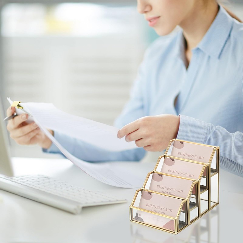 Hipiwe 4 Slots Glass Business Card Holder for Desktop, Gold