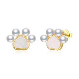 Midir&Etain Pearl Paw Print Earrings Sterling Silver Plated 14K Gold Puppy Dog Paw Stud Earrings Vet Tech Gifts Pearl Paw Print Jewelry for Women