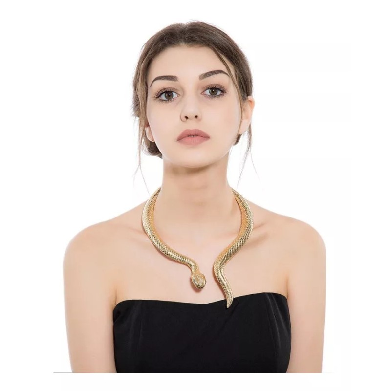 Dtup Collar Exótico Choker Serpiente Dorada Realista Acero