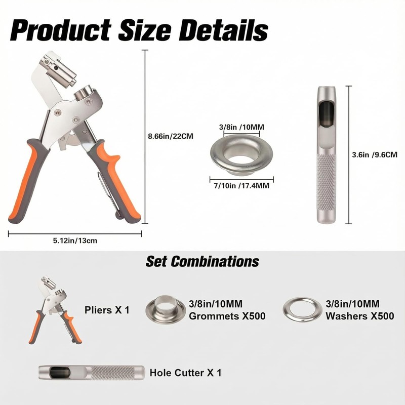 Grommet Tool Kit with 500 Pcs 3/8 Inch Eyelets, Manual