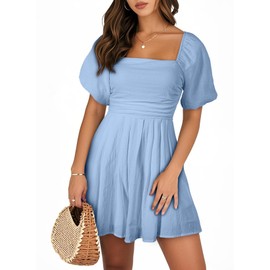 AlvaQ Womens Romper Trendy 2025 Cute Solid Color Short Sleeve Rompers Square Neck Pocketed Shorts Jumpsuits Summer Outfits,Sky Blue,X-Large