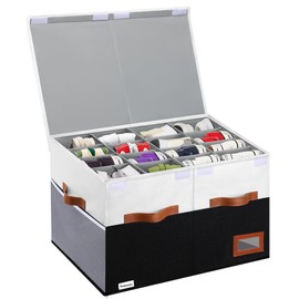Supowin Shoe Organizer for Closet, Foldable Shoe Storage Bins with Lid & Adjustable Dividers, Fabric Shoe Box Storage Containers with Four Reinforced Handles, Fits 16 Pairs, 1 Pack, Black & White
