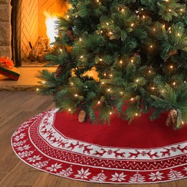 Weldomcor Christmas Tree Skirt, 48 Inch Burgundy Red Cable Knitted Christmas Tree Mat with Snowflakes Reindeer Rustic Xmas Christmas Tree Decorations for Home Holiday Party Christmas Decorations